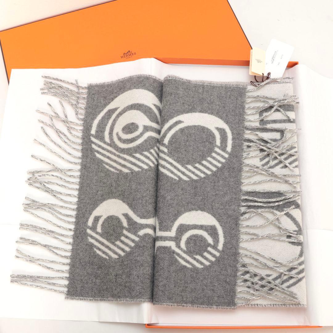 未使用 エルメス マフラー カシミヤ グレー系