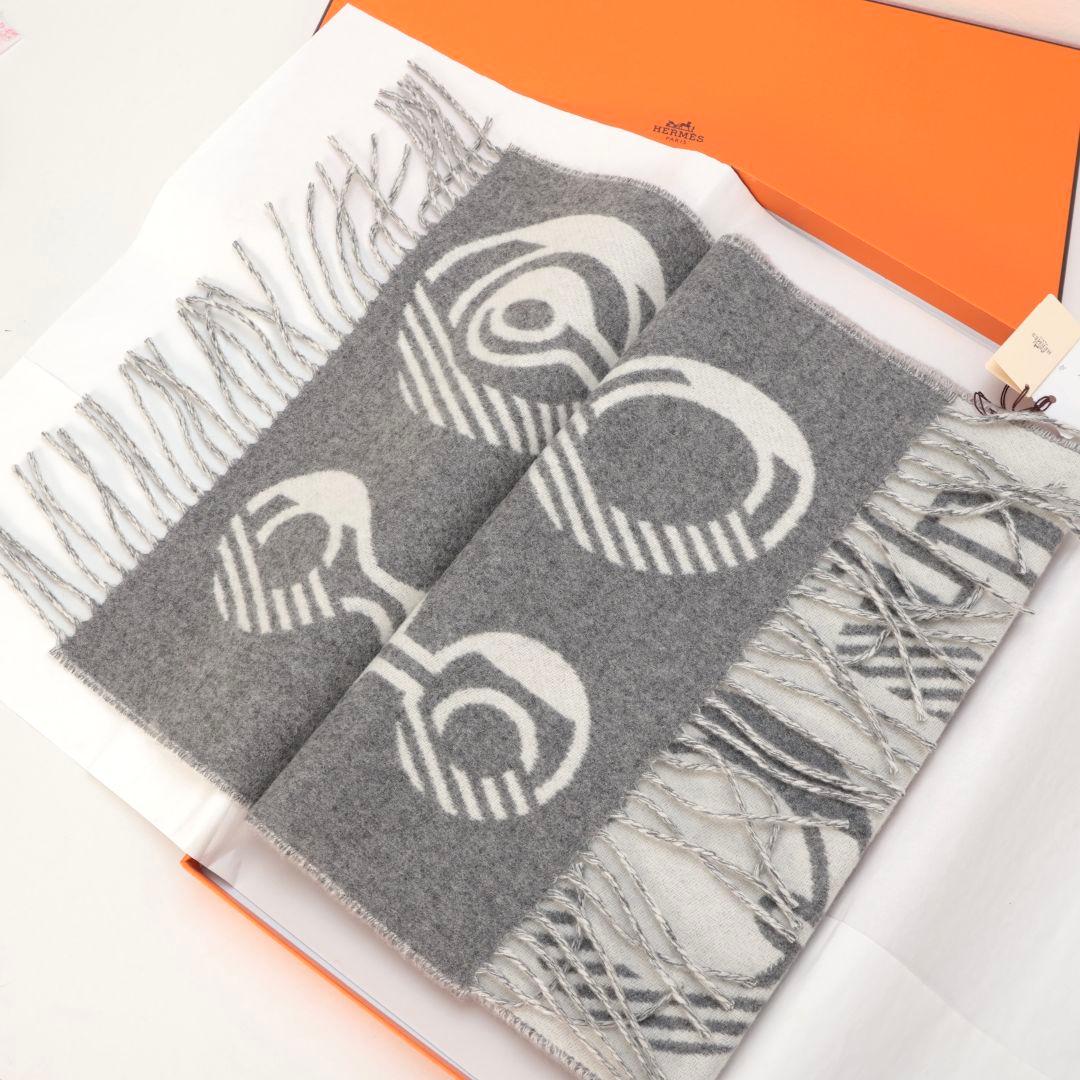 未使用 エルメス マフラー カシミヤ グレー系