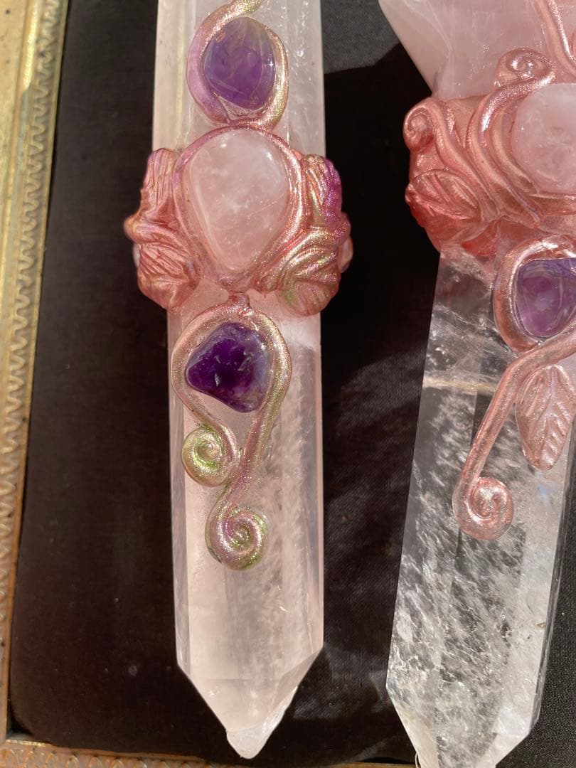 ローズクォーツ水晶アメジストの魔法のスティック　魔法棒魔法の杖4点セット天然石