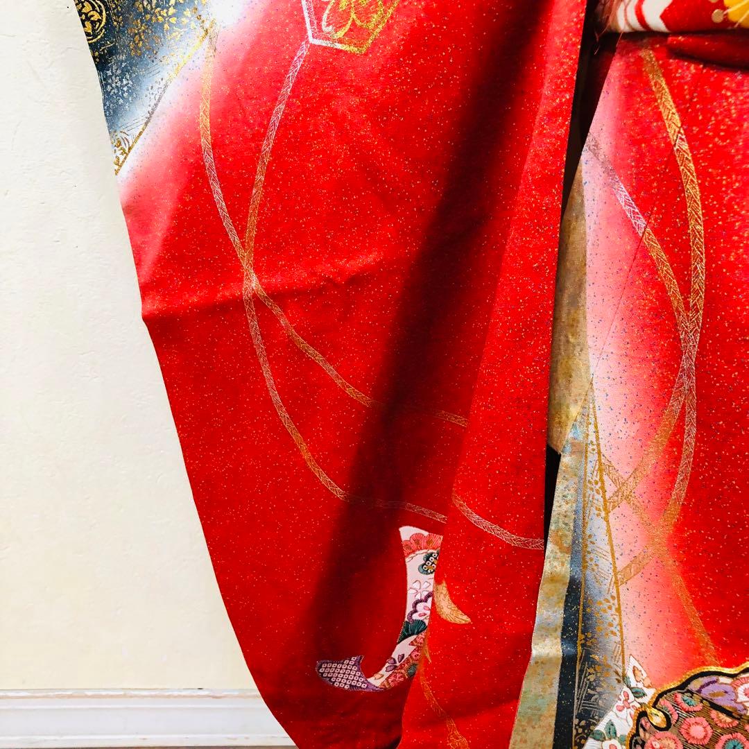 七五三七歳‼️豪華正絹レッド×BLACKラメ煌びやか花々刺繍金彩金箔完全フルセット