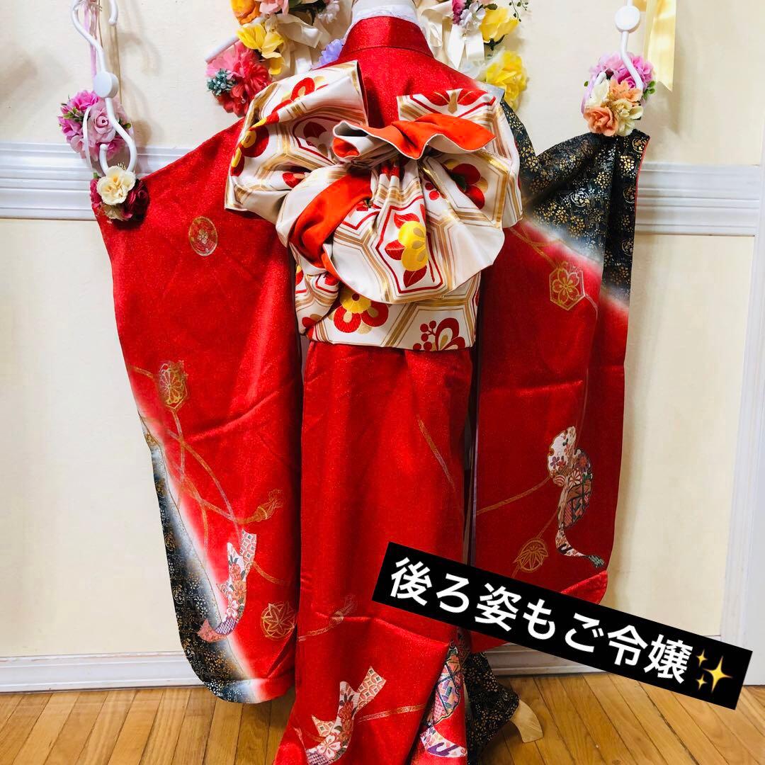 七五三七歳‼️豪華正絹レッド×BLACKラメ煌びやか花々刺繍金彩金箔完全フルセット