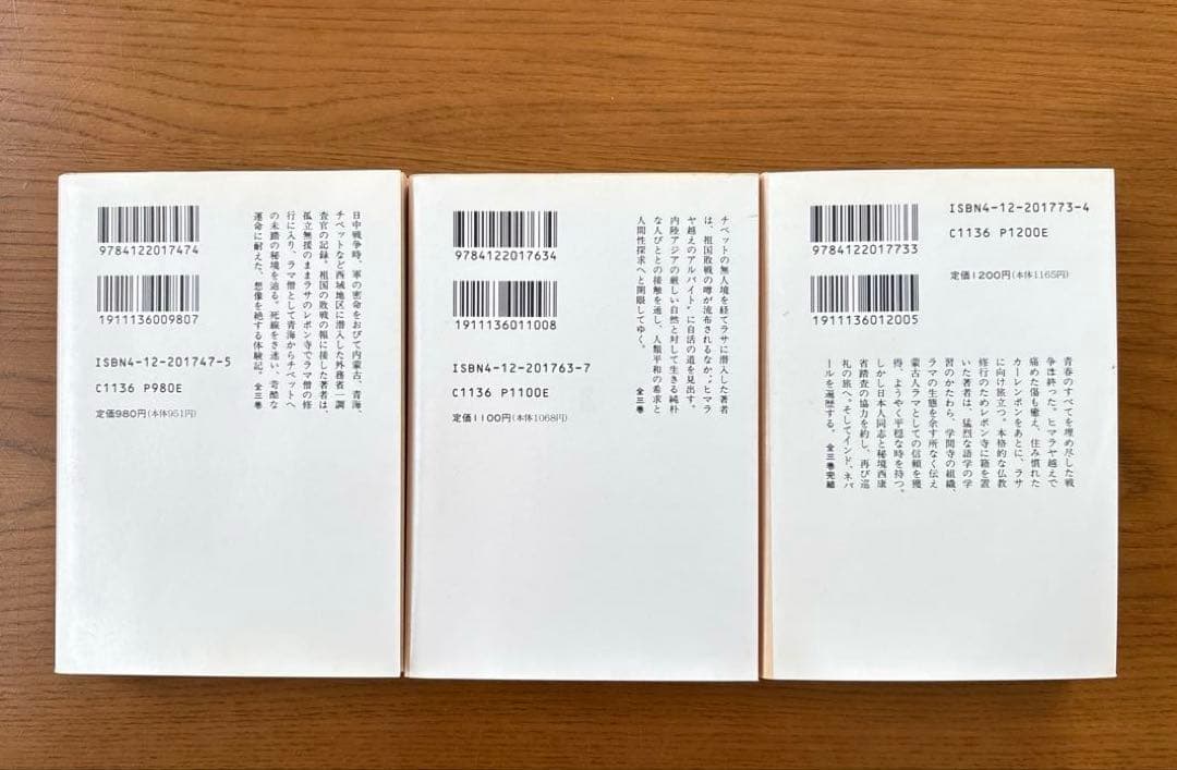 「秘境西域八年の潜行」 上・中・下巻セット 　西川一三　【中公文庫】