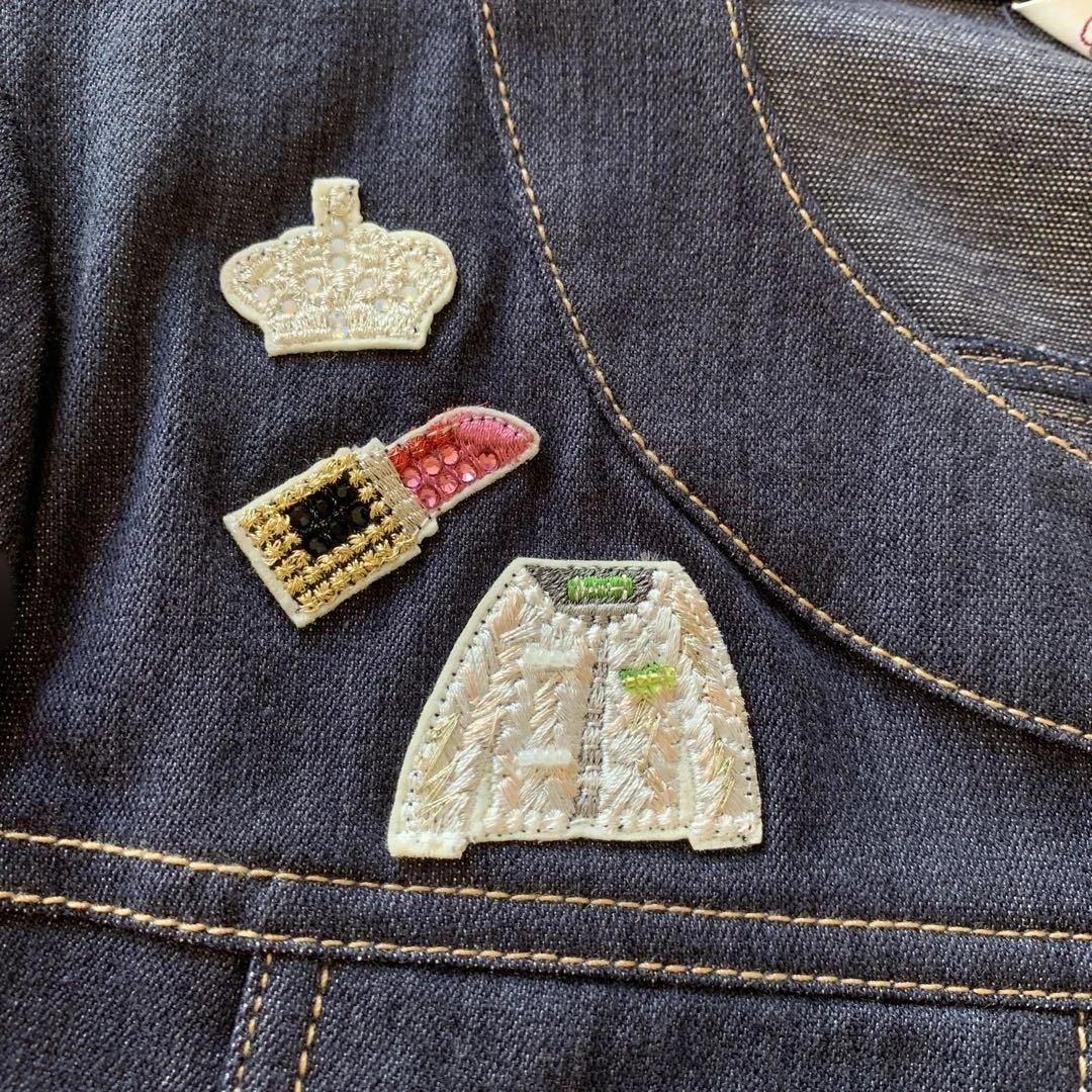 美品✨スーパービューティー デニムジャケット 刺繍 ビジューボタン　ノーカラー