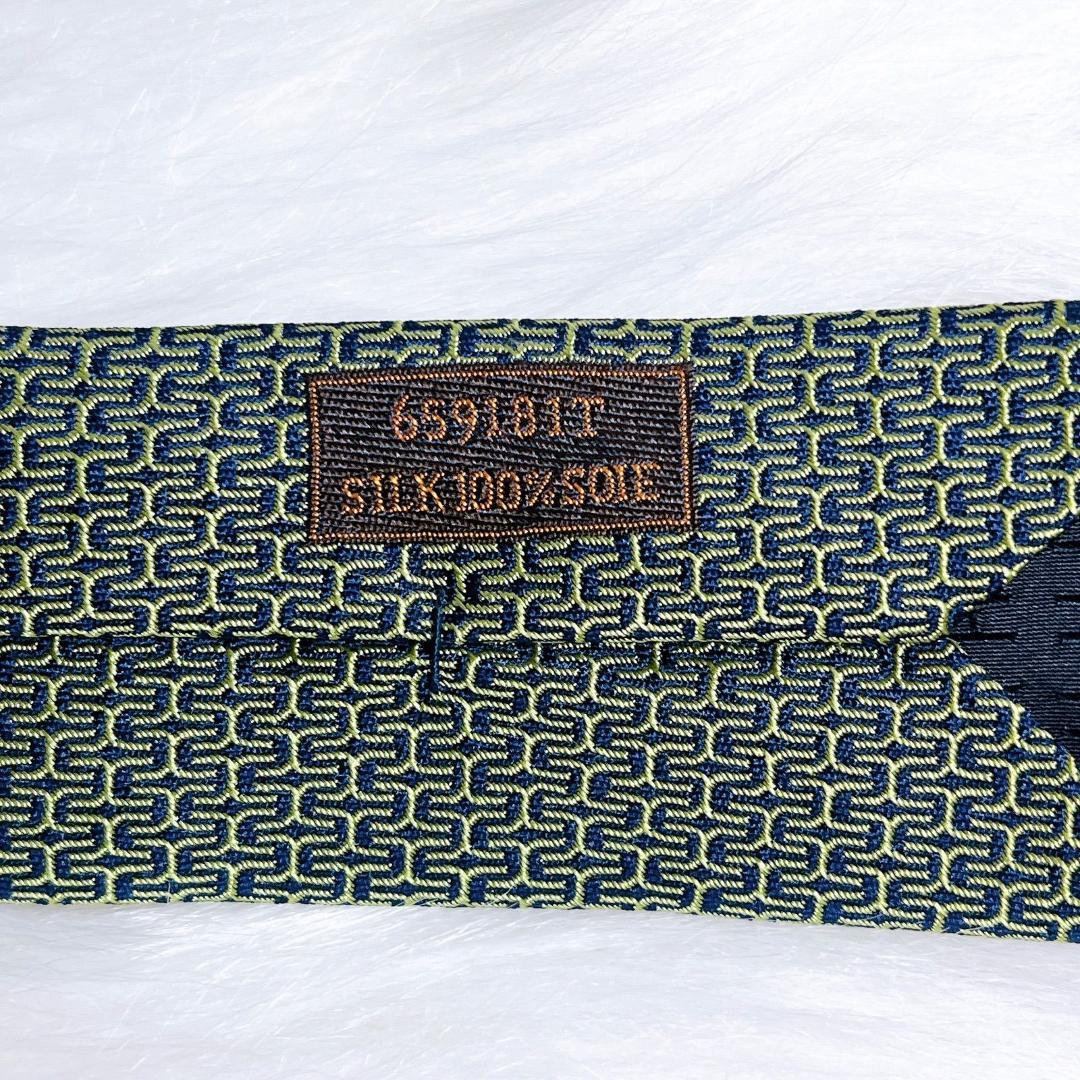 エルメス　HERMES ネクタイ シルク100% フランス製 グリーン H柄