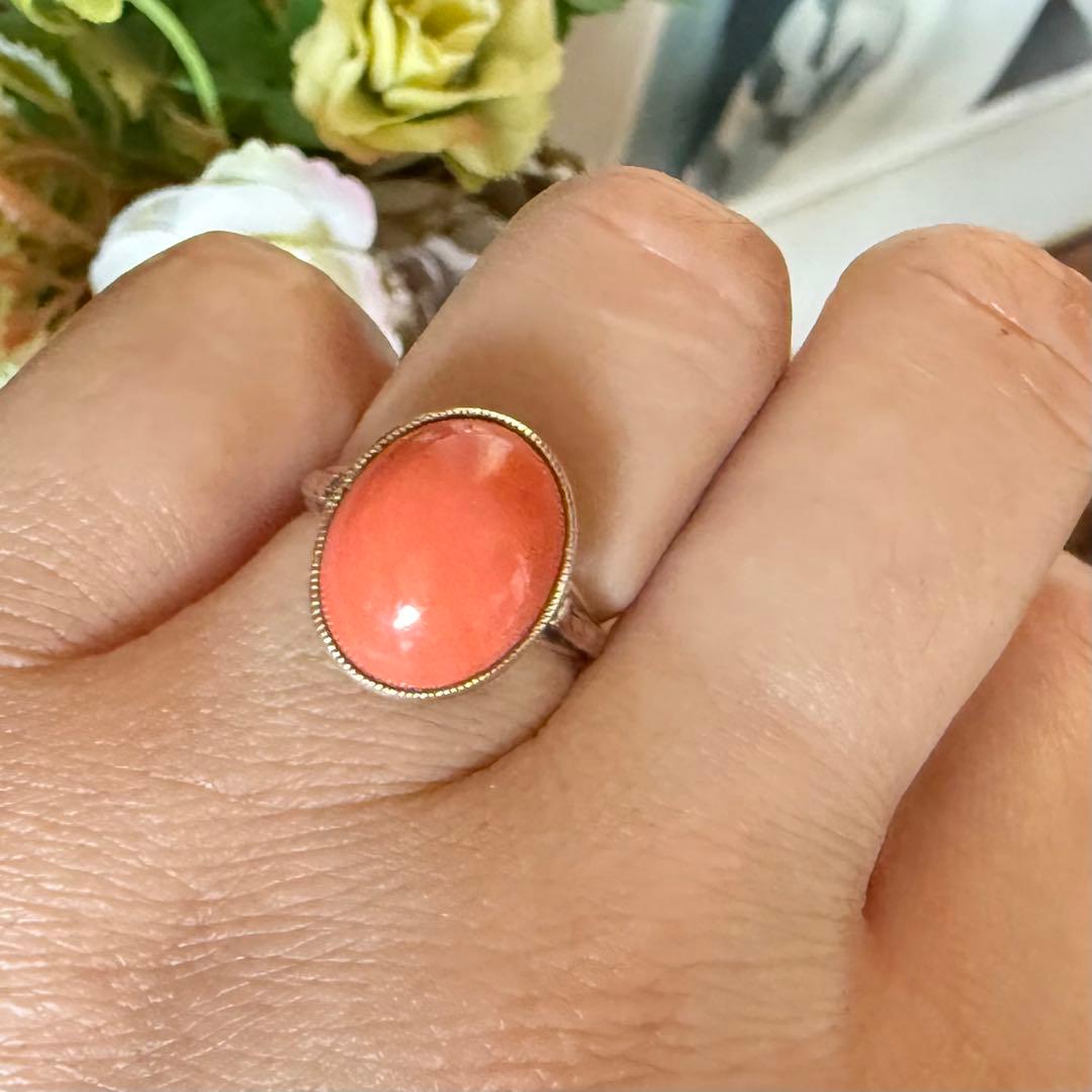 専用アンティークK14YG珊瑚サンゴリング　ミルグレインに手彫り　色の綺麗な珊瑚