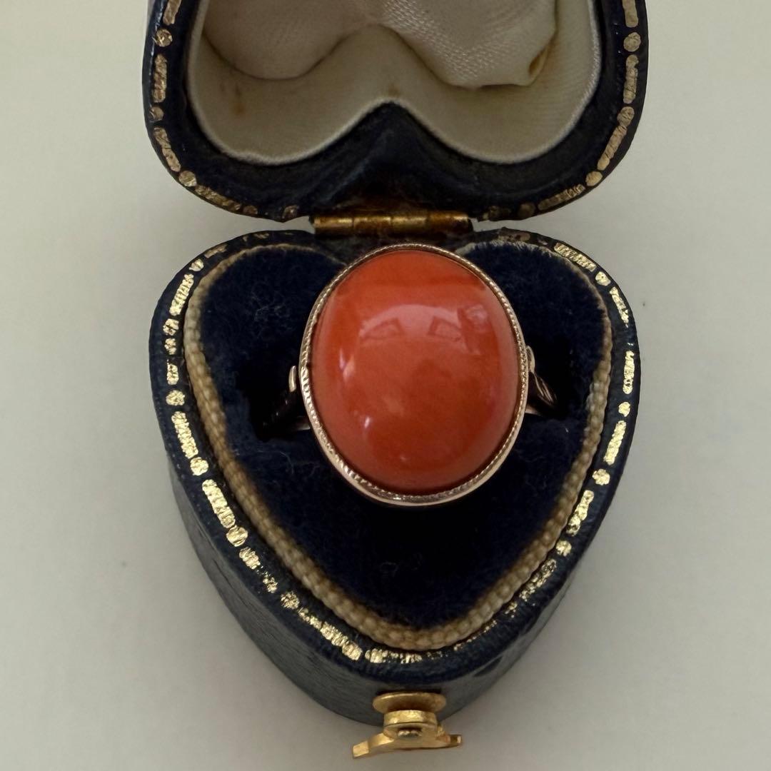 専用アンティークK14YG珊瑚サンゴリング　ミルグレインに手彫り　色の綺麗な珊瑚