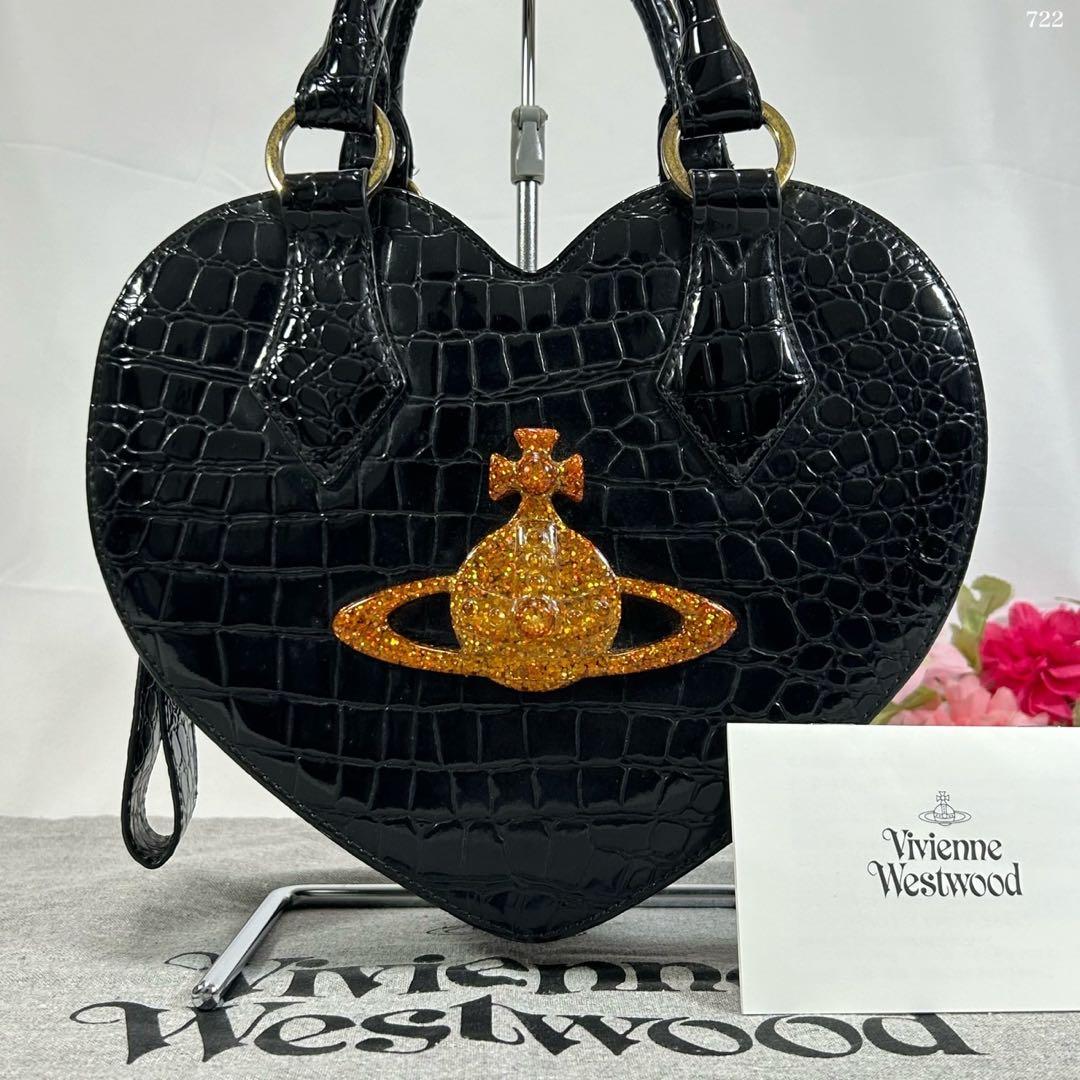 【美品】ヴィヴィアンウエストウッド ハンドバッグ レザー クロコ オーブ 黒