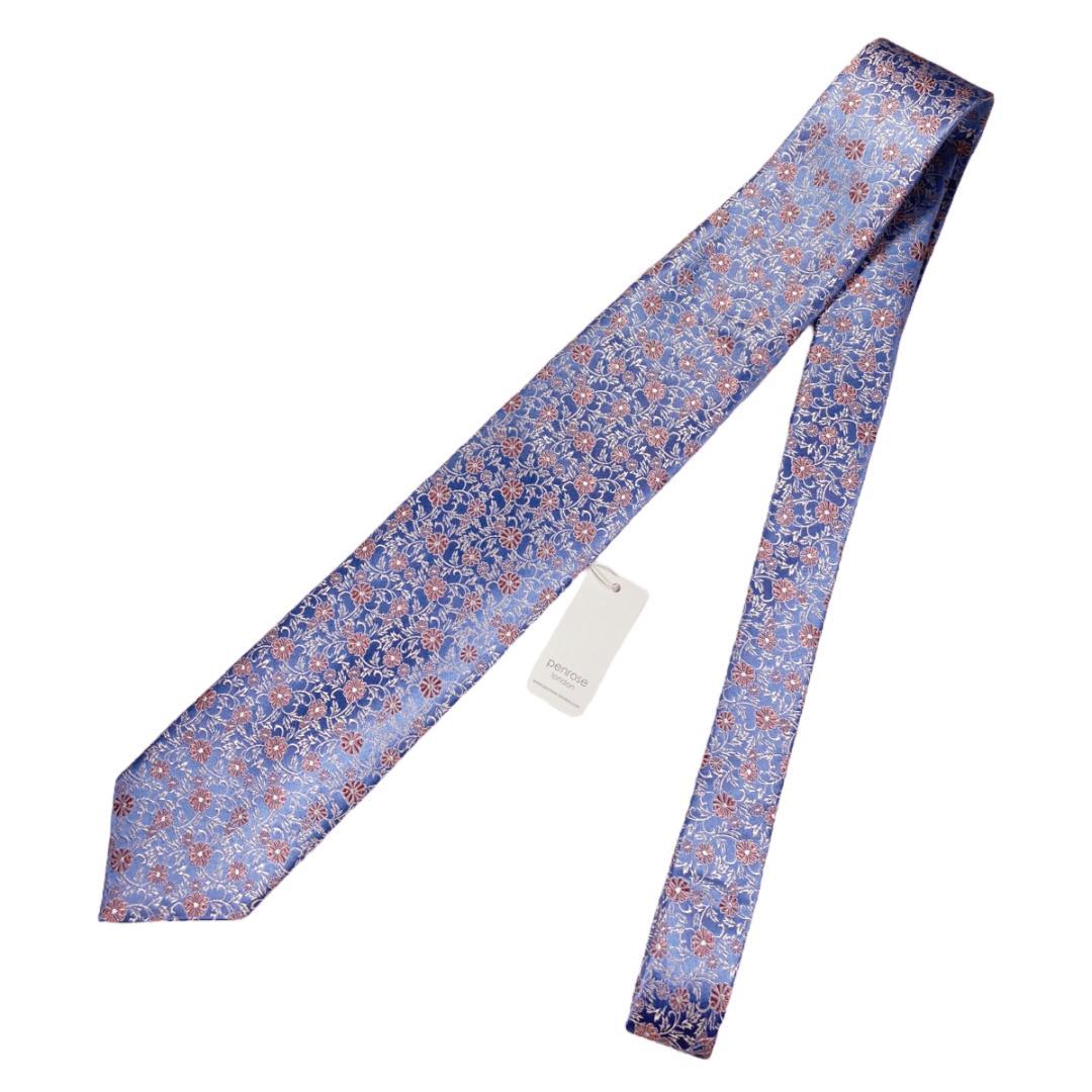 英国製・リッチな光沢感　Penroseペンローズ シルクネクタイ129花柄薄青