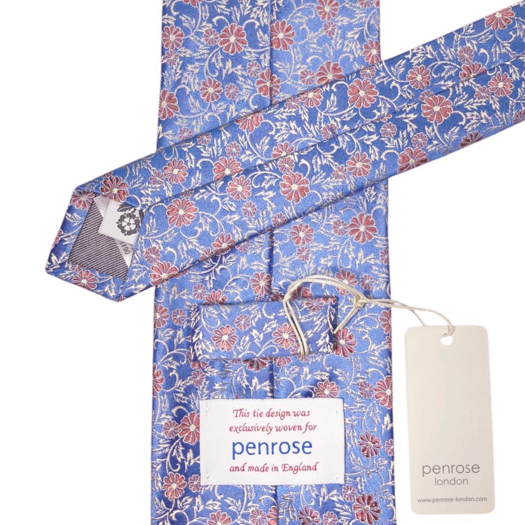 英国製・リッチな光沢感　Penroseペンローズ シルクネクタイ129花柄薄青