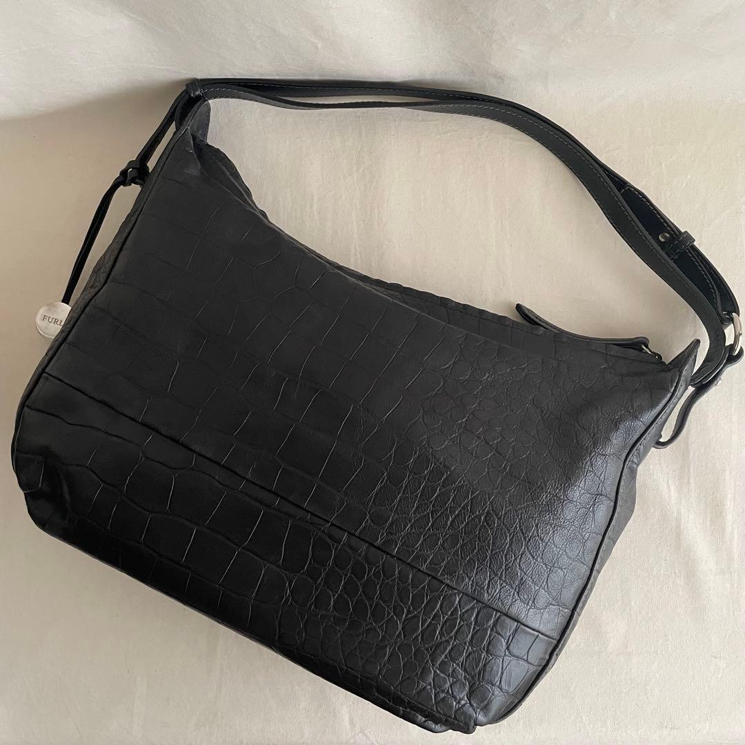 【美品】FURLA 2way ショルダーバッグ 黒 本革 クロコ型押 A4収納可
