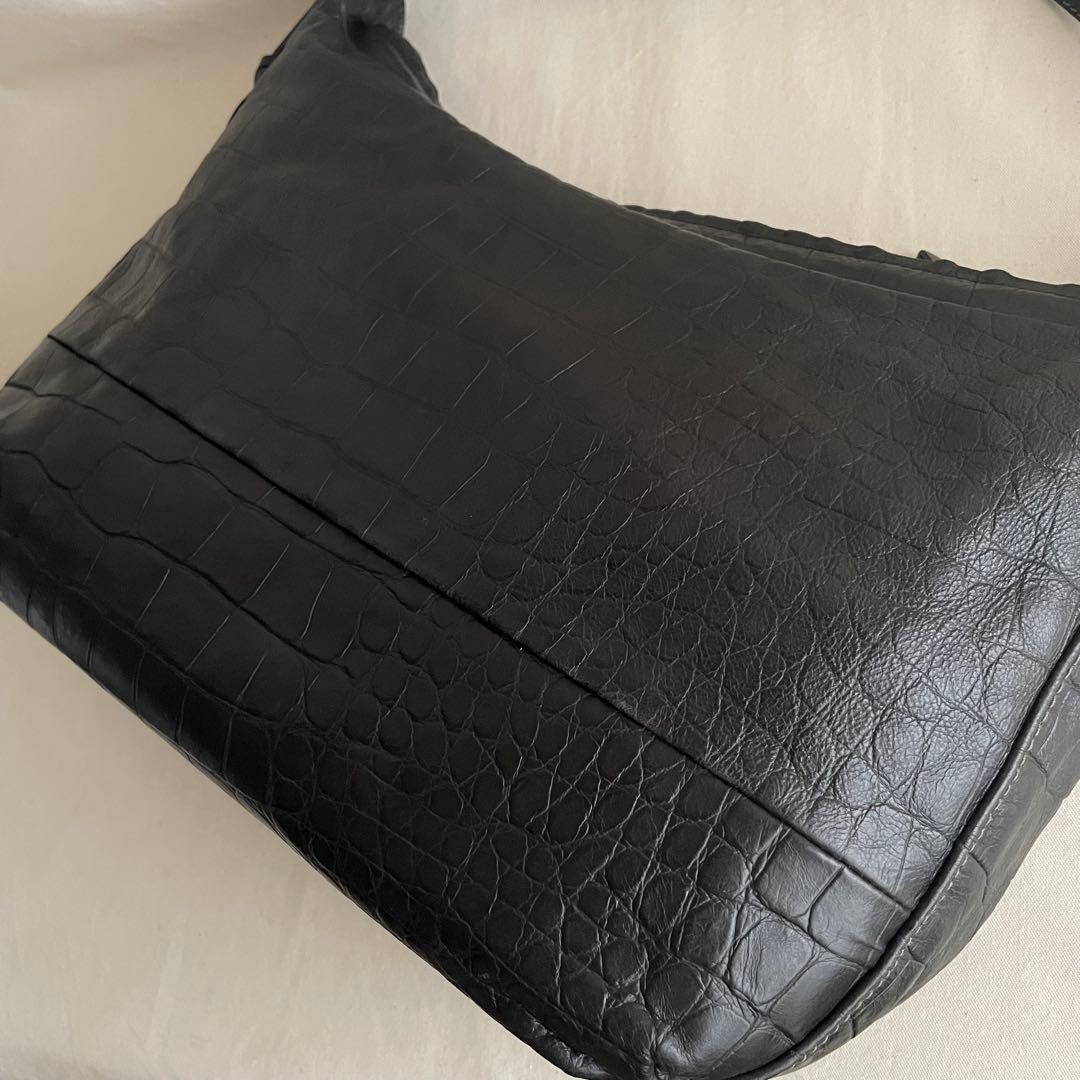 【美品】FURLA 2way ショルダーバッグ 黒 本革 クロコ型押 A4収納可