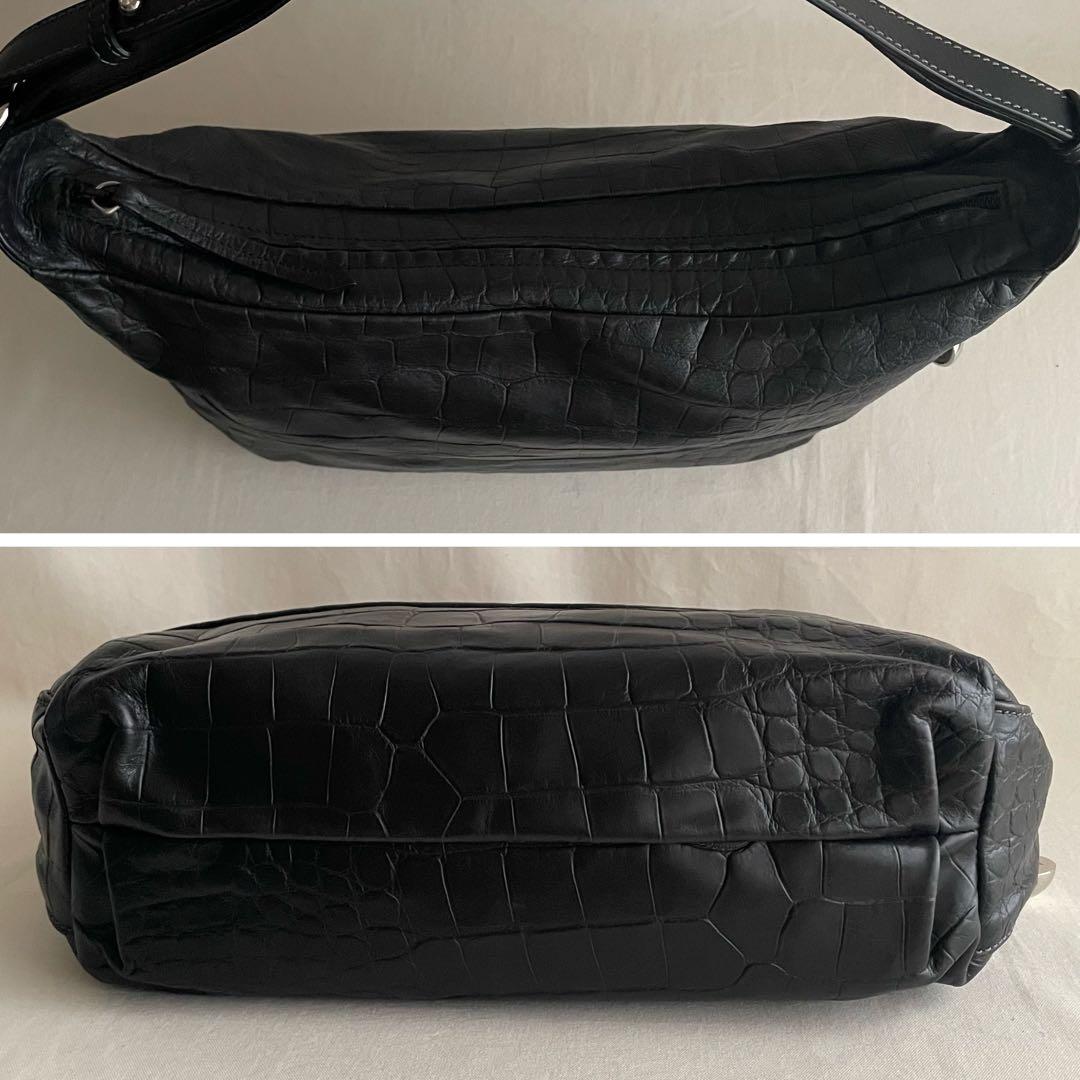 【美品】FURLA 2way ショルダーバッグ 黒 本革 クロコ型押 A4収納可