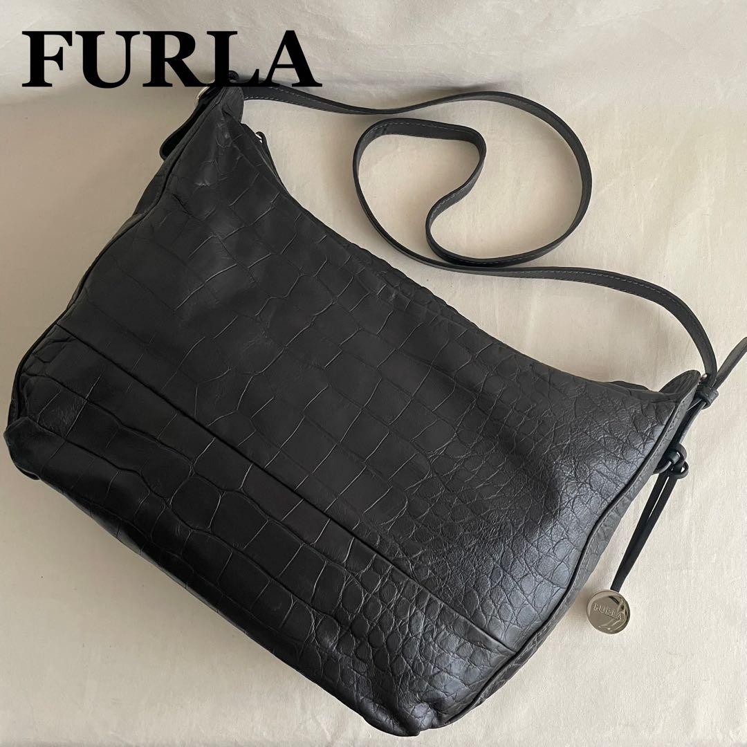 【美品】FURLA 2way ショルダーバッグ 黒 本革 クロコ型押 A4収納可