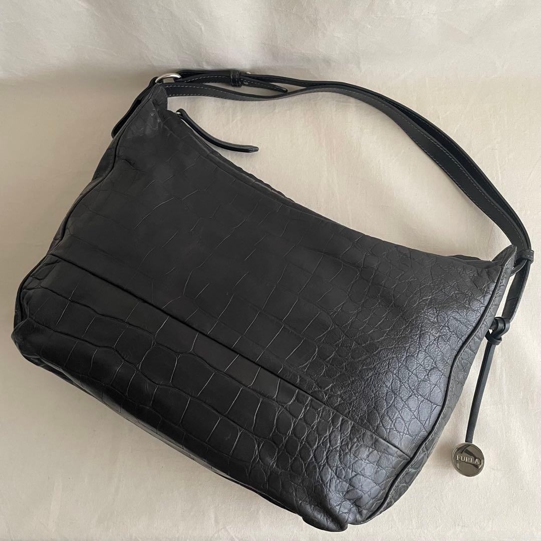 【美品】FURLA 2way ショルダーバッグ 黒 本革 クロコ型押 A4収納可