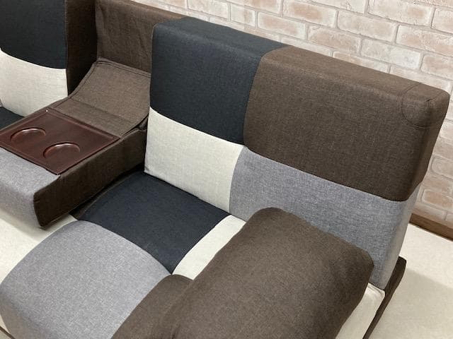 ソファーベッド　小テーブル付き　パッチワーク柄　ブラウンMIX　ソファ　新品