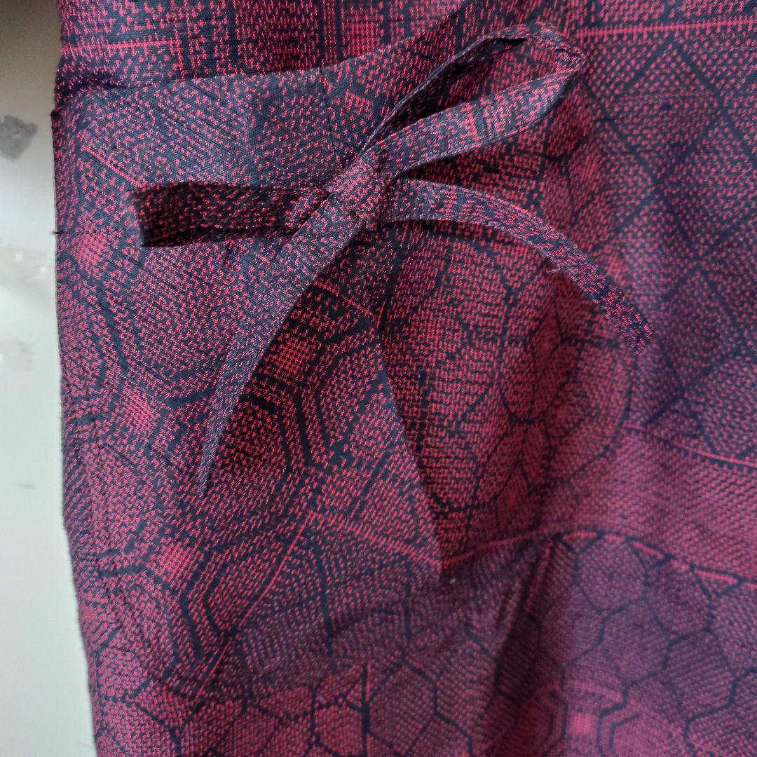 専用出品大島紬エンジ黒系幾何学模様大きな襟総裏地付きロングコート