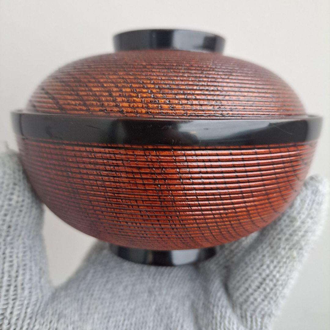 【越前\"河和田漆　千筋\"吸物椀×5客】天然木製　見返し\"波千鳥蒔絵　未使用品