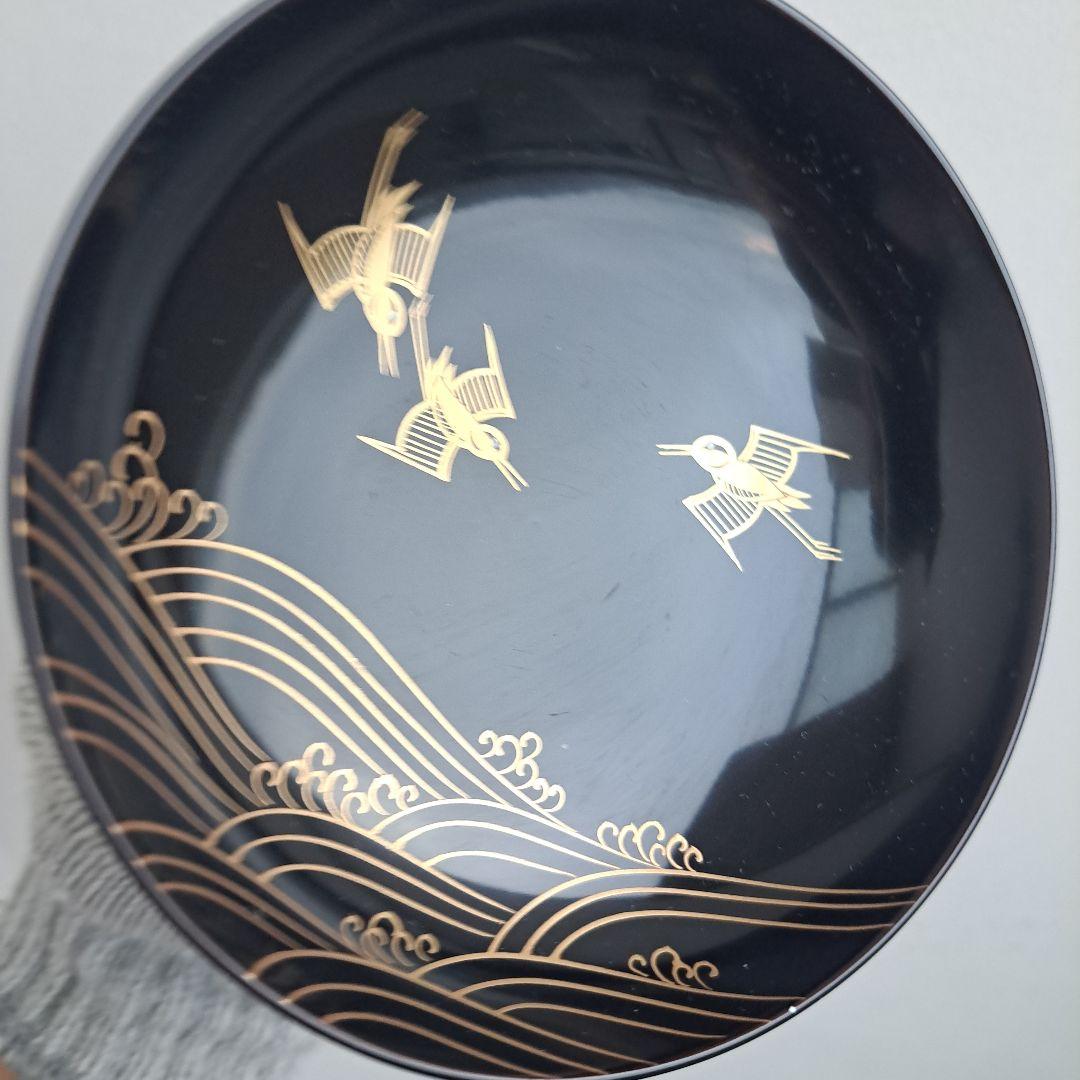 【越前\"河和田漆　千筋\"吸物椀×5客】天然木製　見返し\"波千鳥蒔絵　未使用品