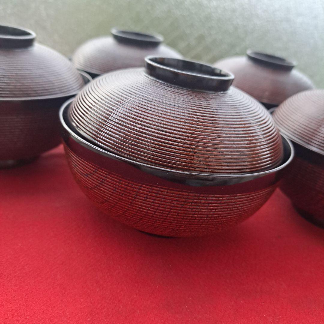 【越前\"河和田漆　千筋\"吸物椀×5客】天然木製　見返し\"波千鳥蒔絵　未使用品