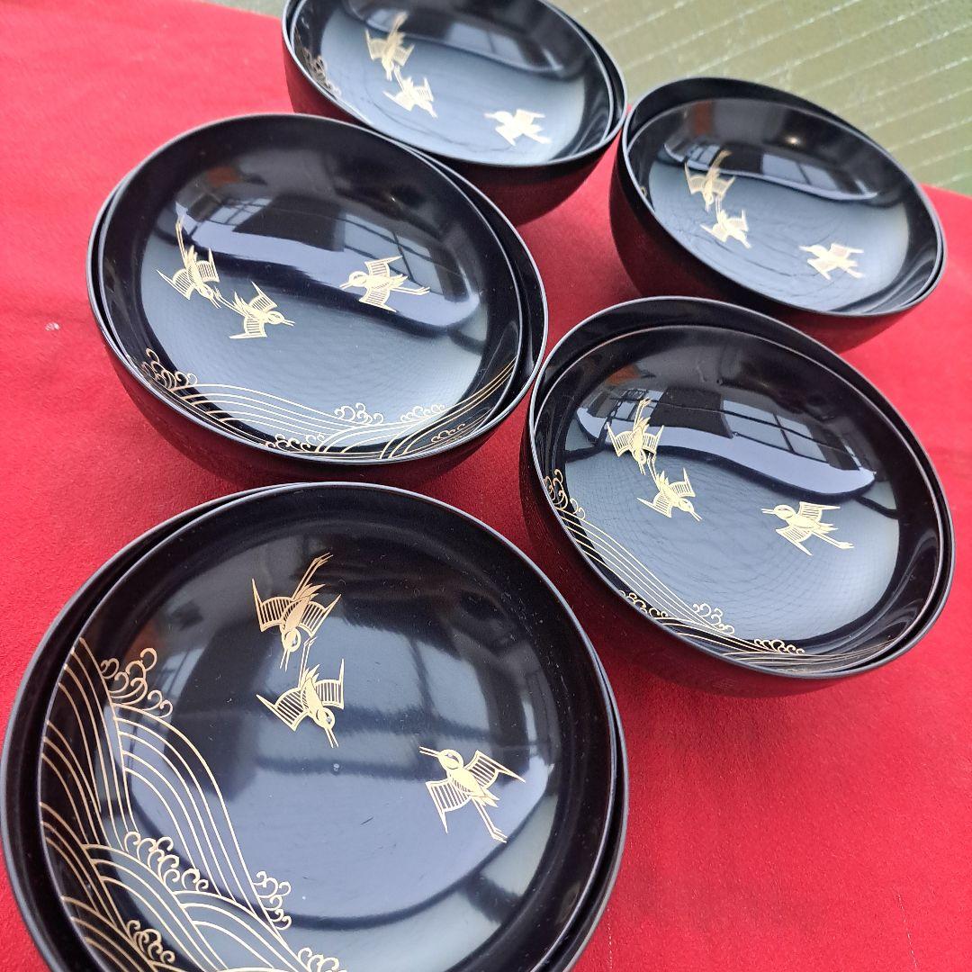 【越前\"河和田漆　千筋\"吸物椀×5客】天然木製　見返し\"波千鳥蒔絵　未使用品