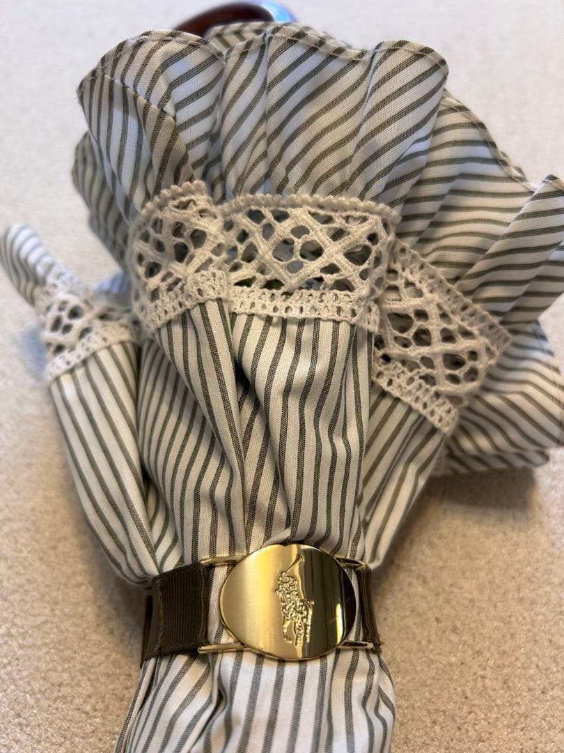 ラルフローレン　カーキ色　レア　ストライプ柄 折りたたみ日傘 フリル付き