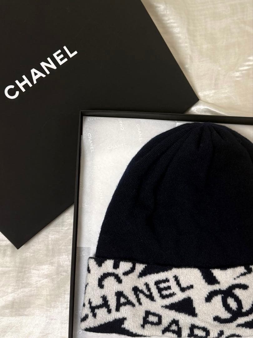 シャネル CHANEL ニット帽 ネイビー/ホワイト