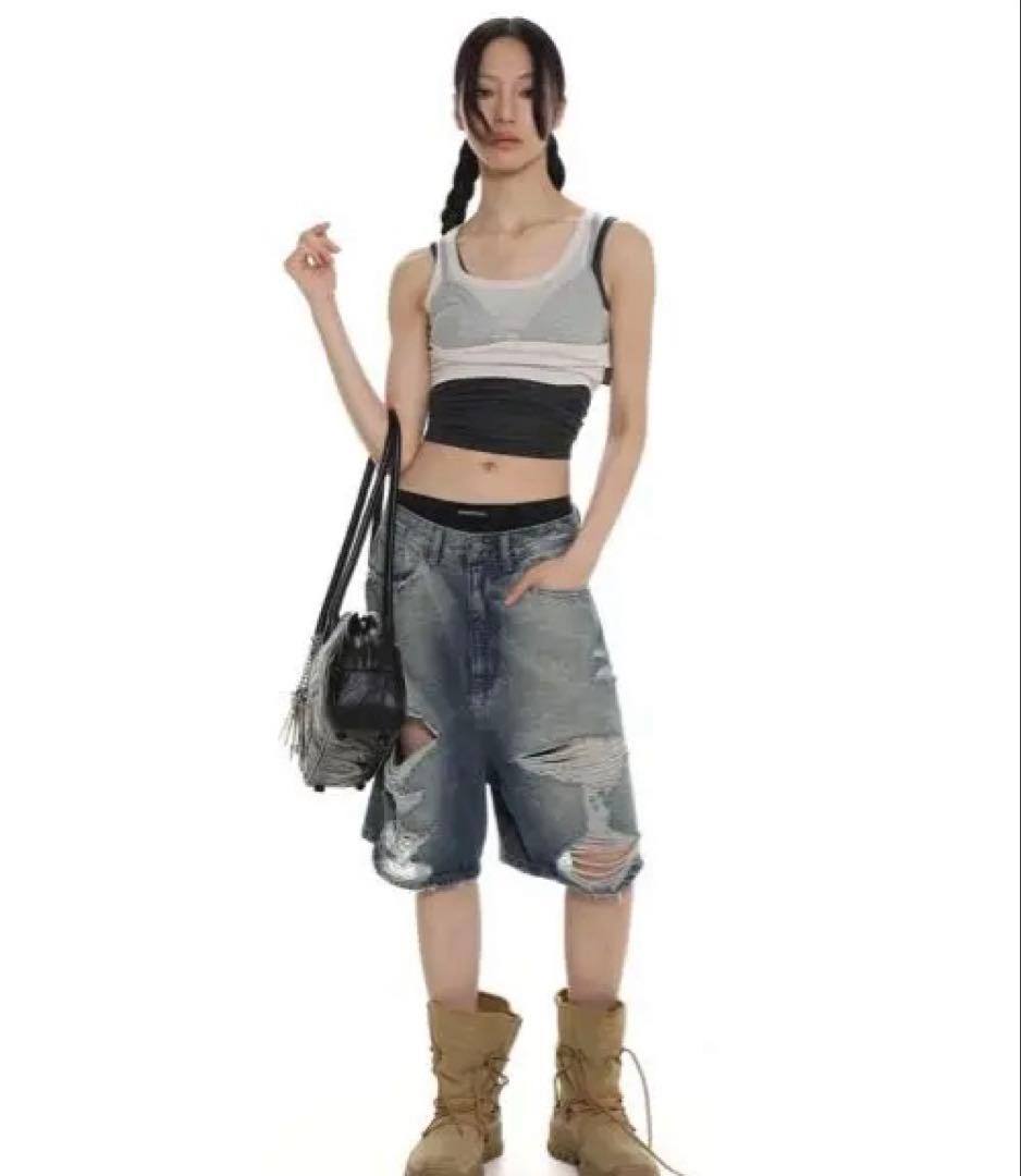 masonprince デニムブルー ダメージハーフパンツ