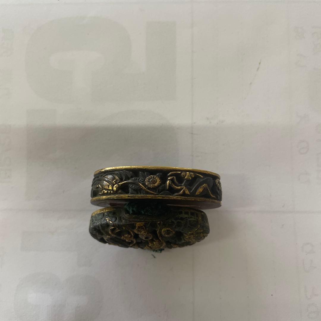 日本古銅刀装具 ⭐︎ 短刀拵え　縁頭　縁金　柄頭、植物模様の金属製鍔