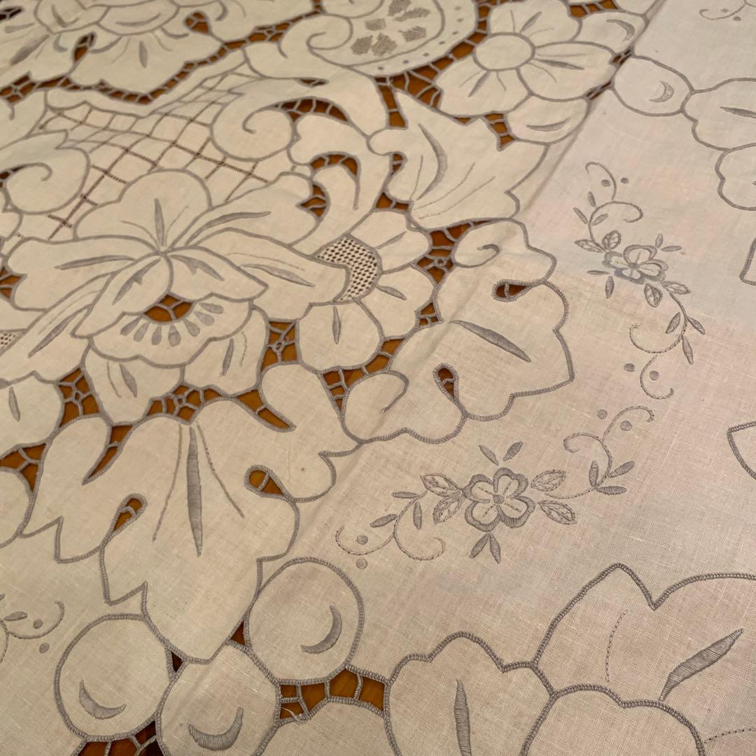 手刺繍　リビングクロス　特大テーブルクロス　ヴィンテージ　汕頭刺繍