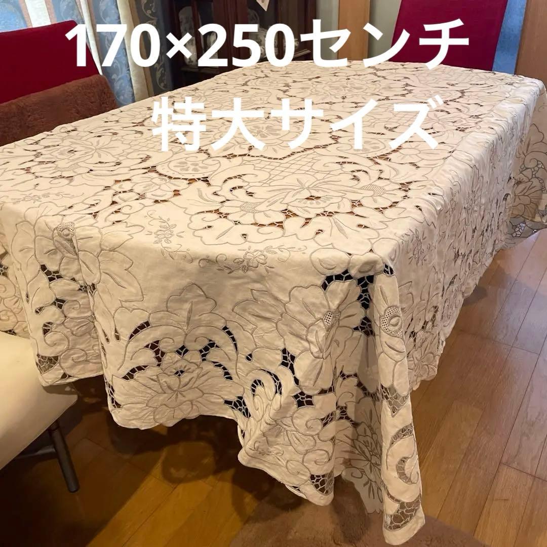 手刺繍　リビングクロス　特大テーブルクロス　ヴィンテージ　汕頭刺繍