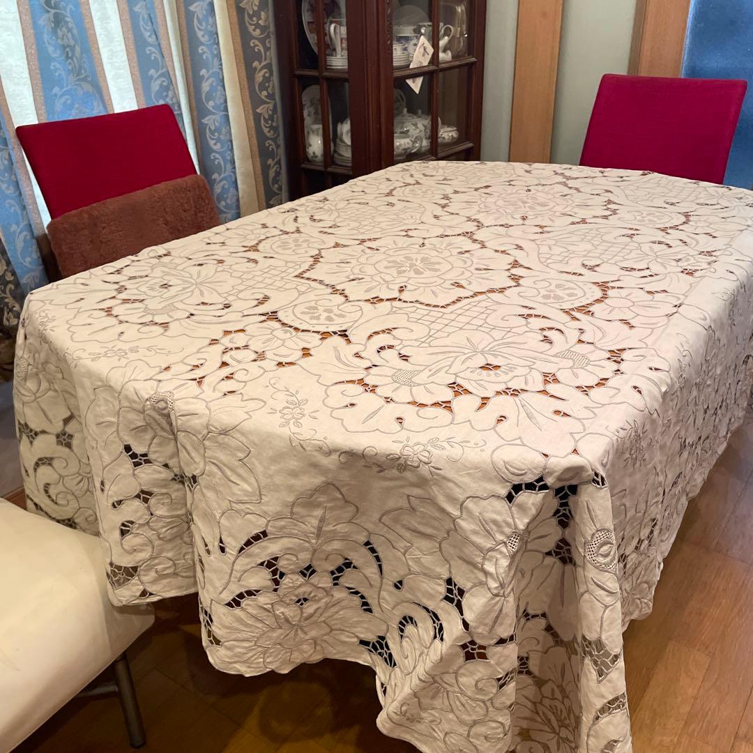 手刺繍　リビングクロス　特大テーブルクロス　ヴィンテージ　汕頭刺繍