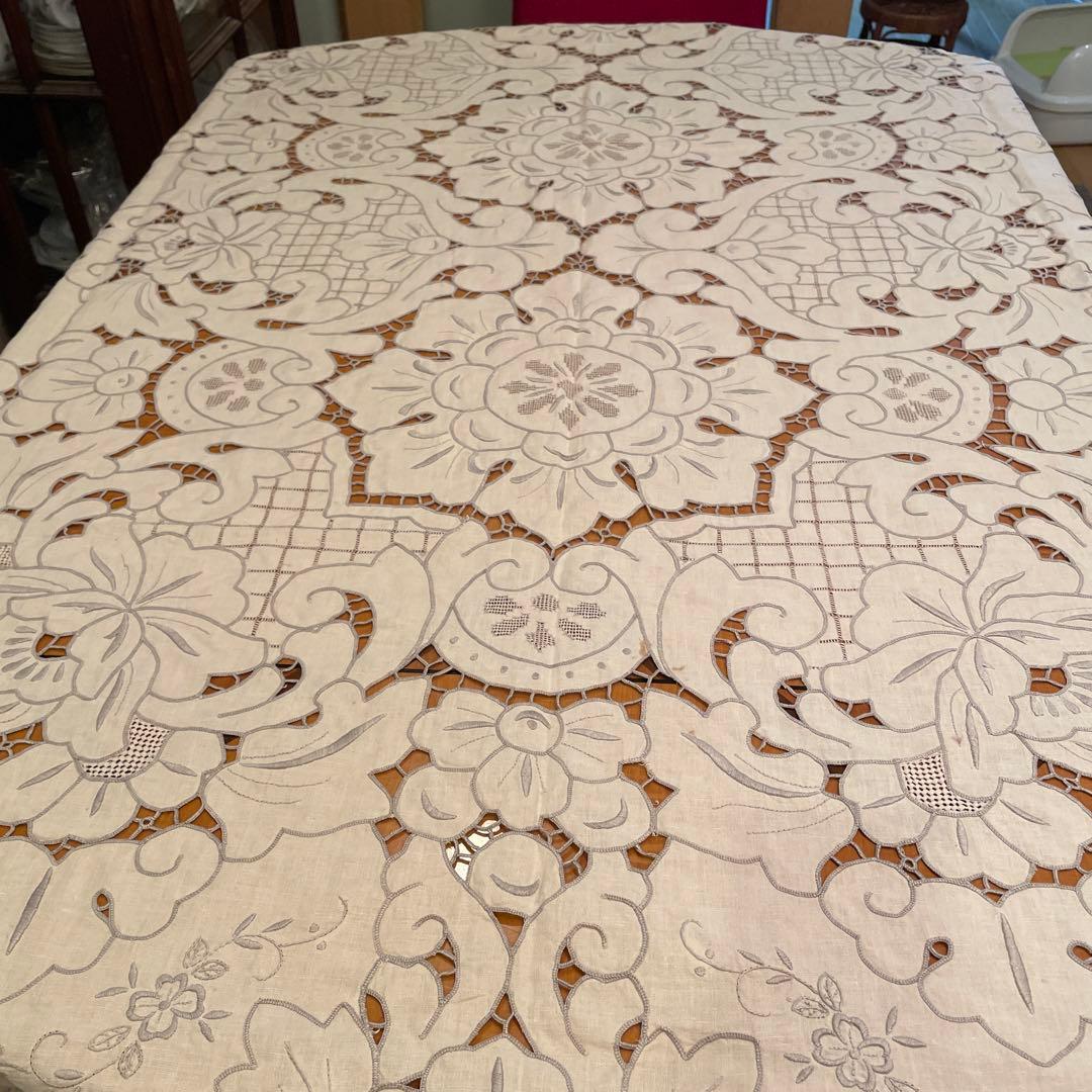 手刺繍　リビングクロス　特大テーブルクロス　ヴィンテージ　汕頭刺繍