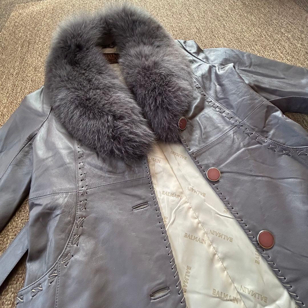 BALMAIN ラムレザー×フォックスファー コート ファー取外し可 グレージュ
