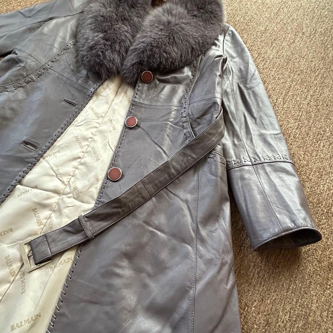 BALMAIN ラムレザー×フォックスファー コート ファー取外し可 グレージュ