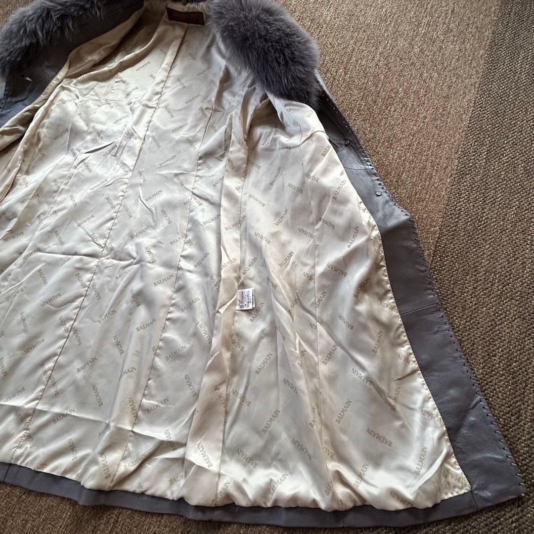 BALMAIN ラムレザー×フォックスファー コート ファー取外し可 グレージュ