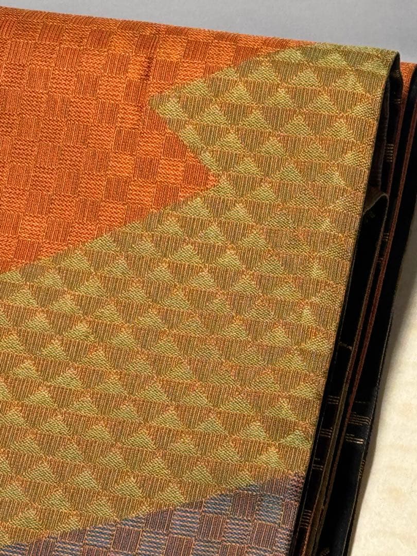 [美品] 長尺　半幅帯　小袋帯　正絹　黒　唐草　カジュアル　小紋　紬　無地