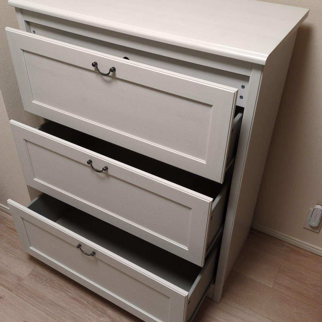 姫　　ホワイト 木製 3段チェスト