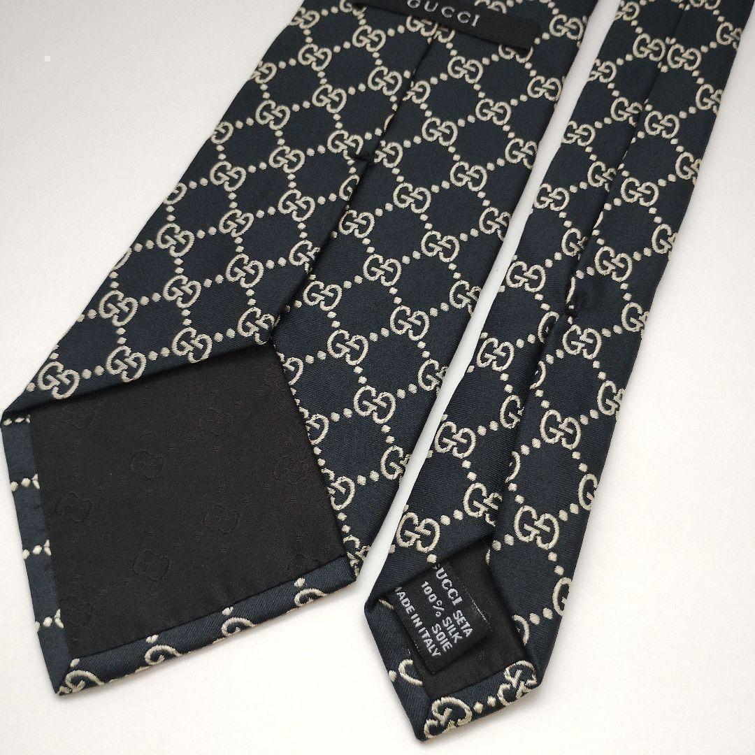 【美品】グッチ ネクタイ ネイビー 濃紺 GGチェーン柄 高級【イタリア製】