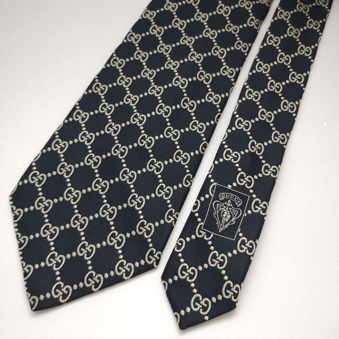 【美品】グッチ ネクタイ ネイビー 濃紺 GGチェーン柄 高級【イタリア製】
