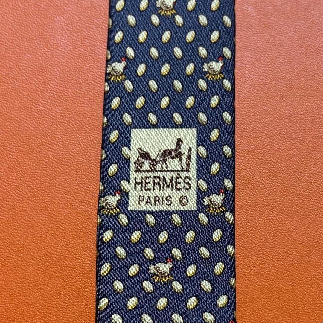 【美品】HERMES エルメス ネクタイ ニワトリ 卵 総柄 シルク100%