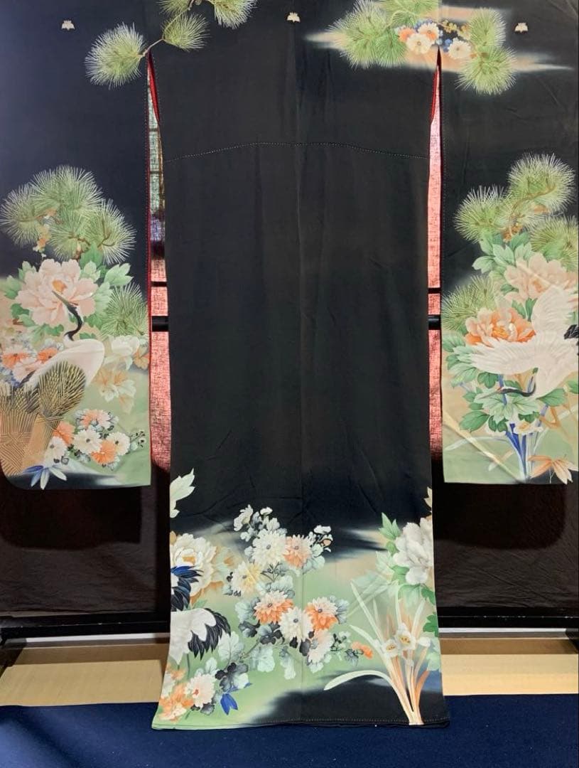 アンティーク振袖花に鶴ヴィンテージ正絹