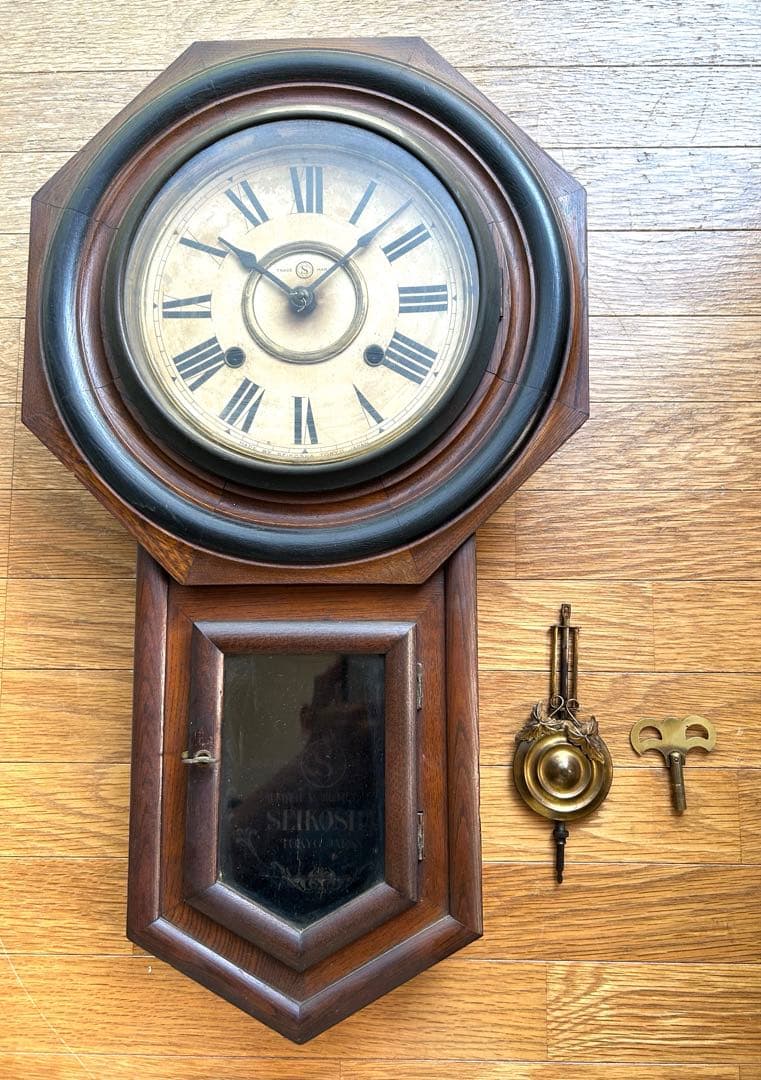 昭和レトロなアンティークSEIKOSHA 木製八角形壁掛け時計H④