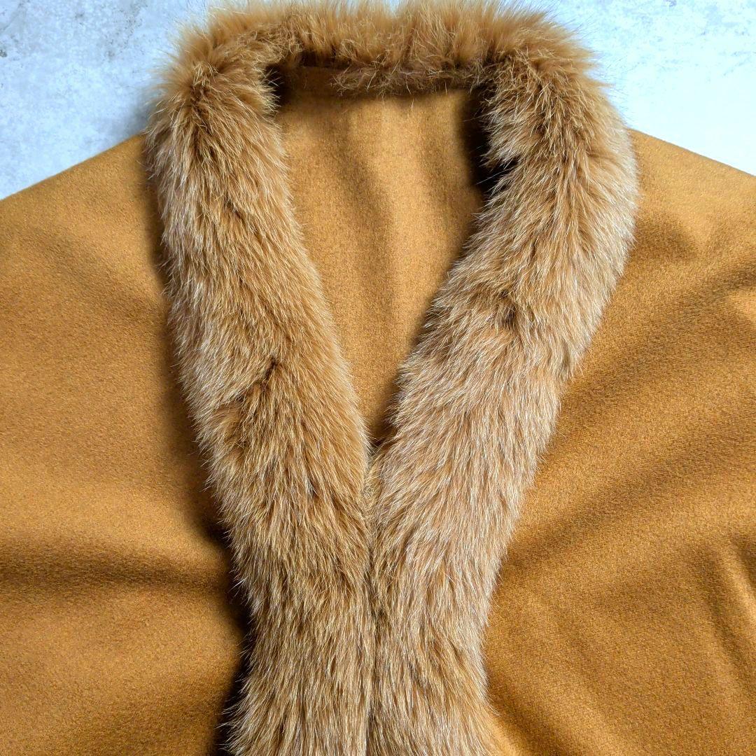 日本製 カシミヤ100%　トリミングフォックスファー　ケープ　ポンチョ