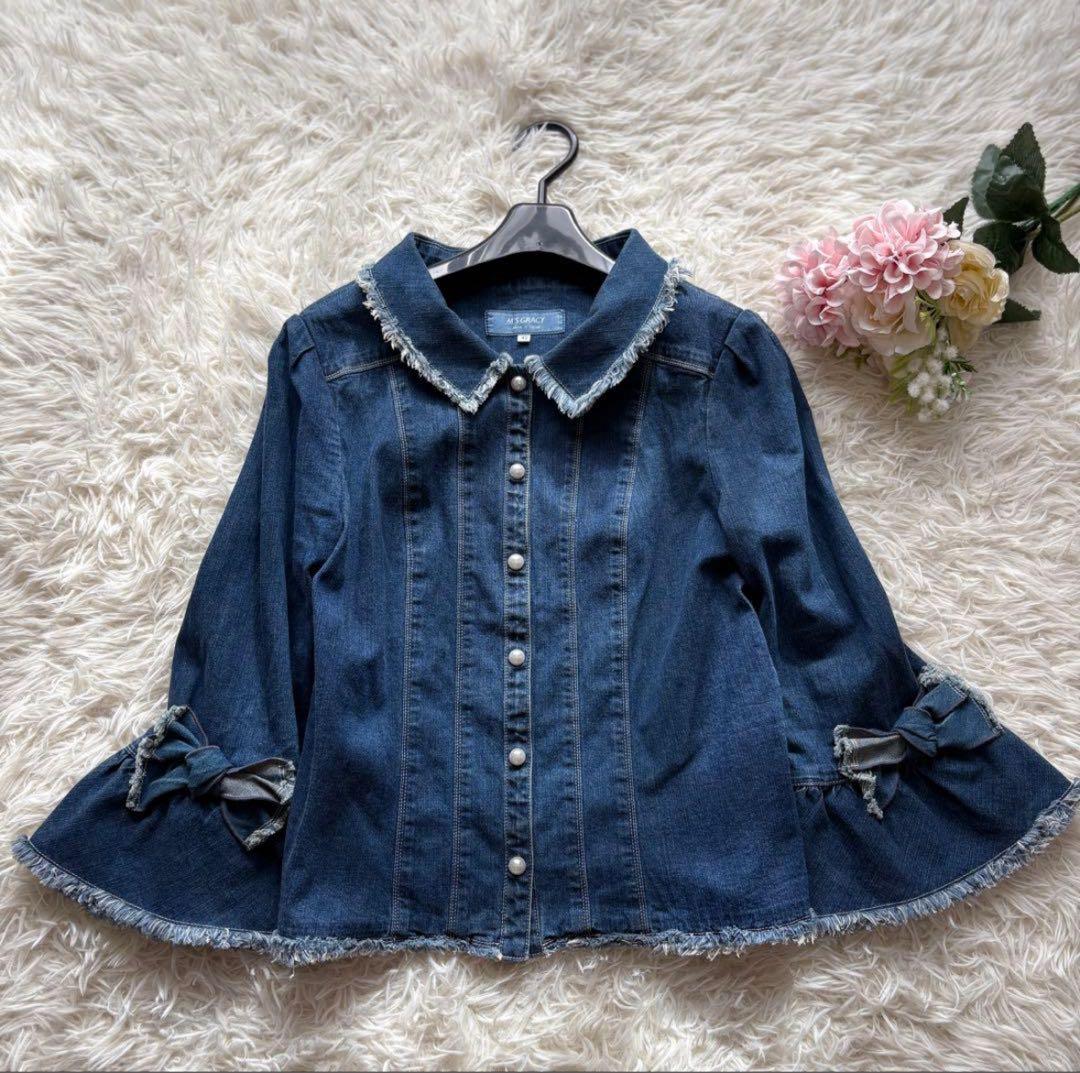 【美品】42 袖リボン　パールボタン　エムズグレイシー　デニムジャケット　20年