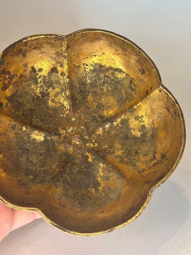 中国古董 唐代 青銅製 鎏金花口鉢