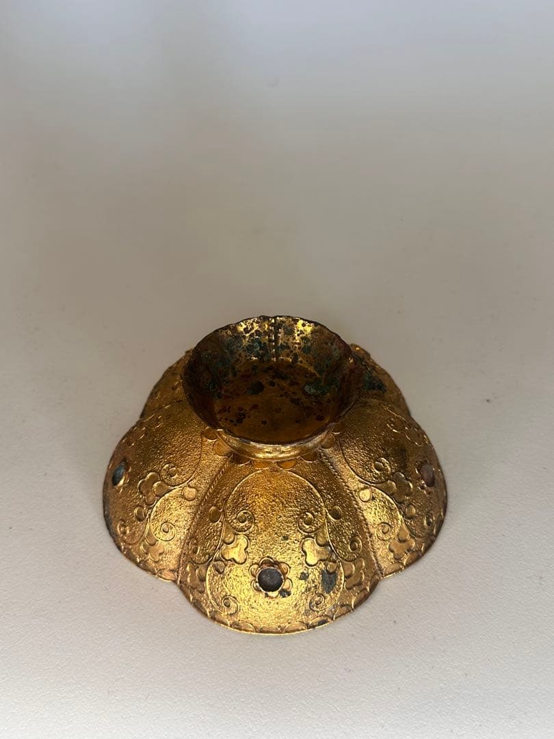 中国古董 唐代 青銅製 鎏金花口鉢