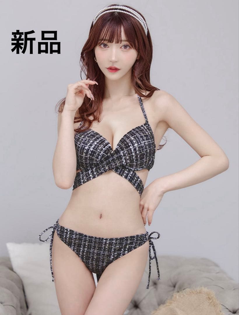 【新品】sugarツイードプリント バッククロスリボン クロスビキニ 2点セット