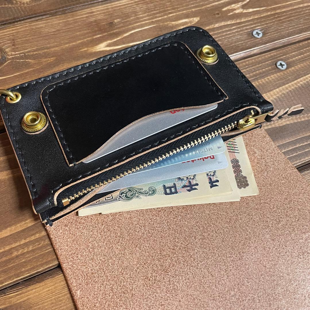 ミドルトラッカーウォレット　栃木レザー　ヌメ革　丘染めブラック