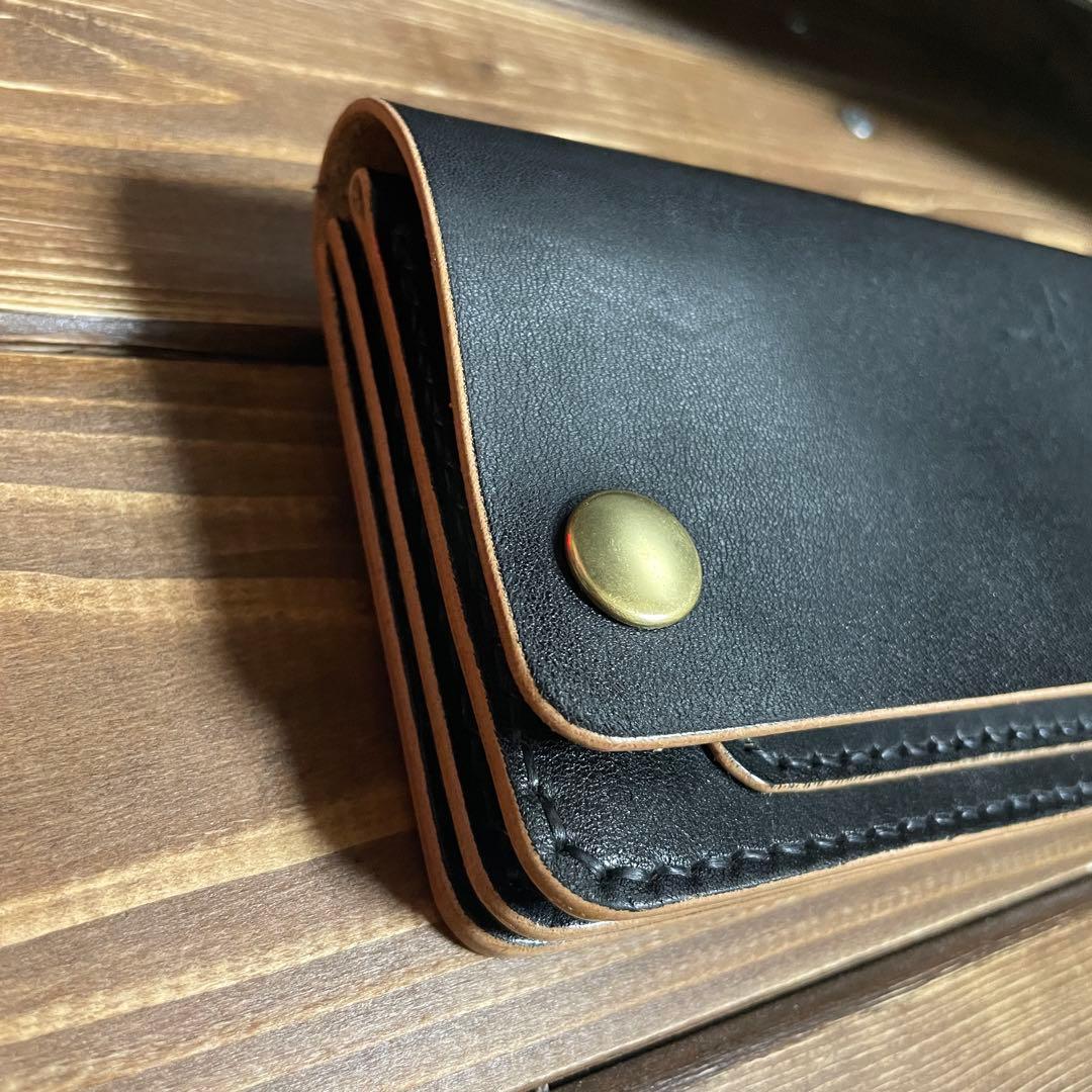 ミドルトラッカーウォレット　栃木レザー　ヌメ革　丘染めブラック