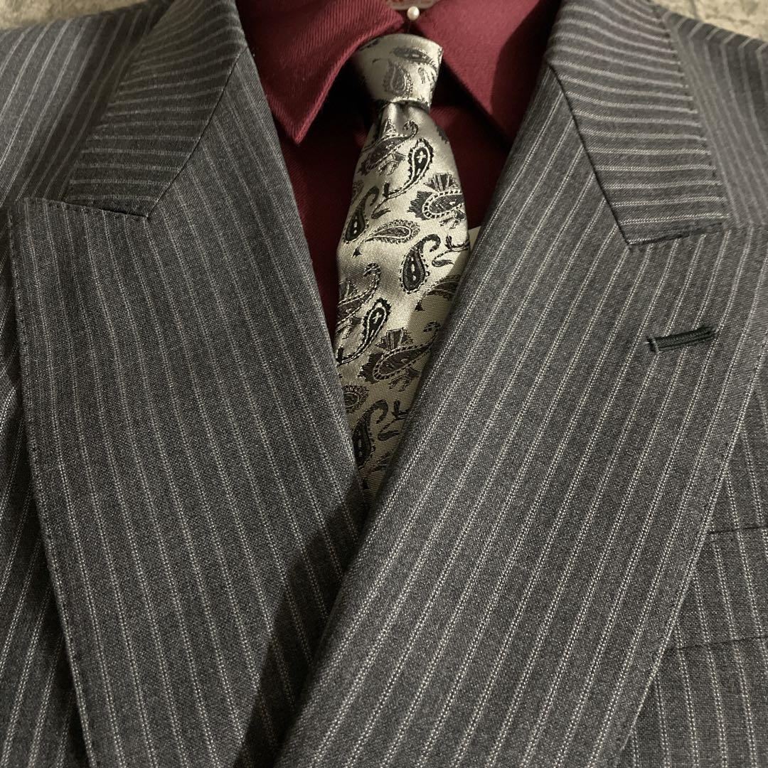 極美品 GUCCI グッチネクタイ 極上ウール ダブルスーツ シルバーグレー